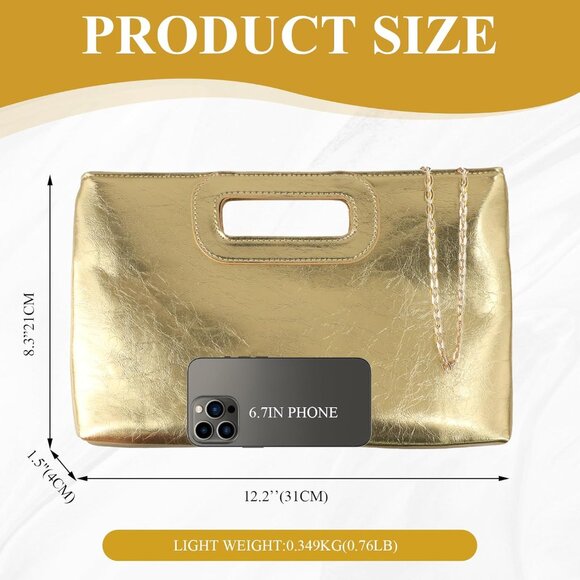Elegant Gold Evening Clutch Purse for Women with Detachable Chain, Spacious PU D - Picture 2 of 7